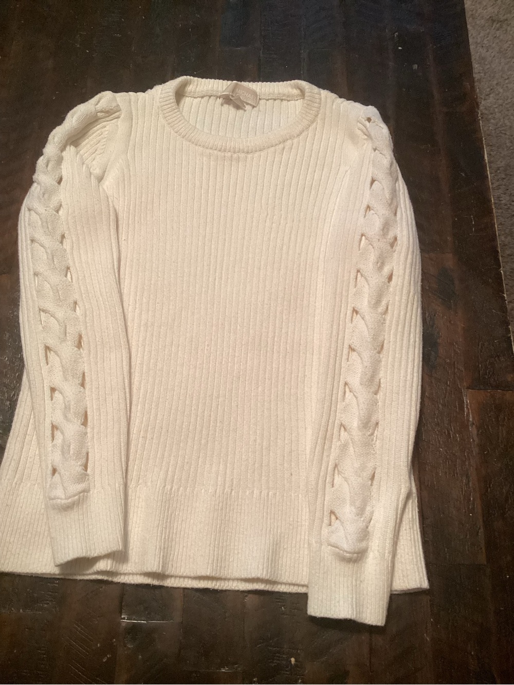 Michael Kors Cream Braided-Sleeve Ribbed Crewneck Sweater